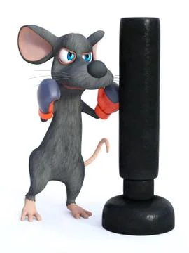 3D rendering of a cartoon mouse punching a heavy bag. Stock Illustration