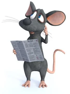 3D rendering of a cartoon mouse reading a newspaper. Stock Illustration