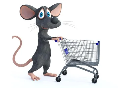 3D rendering of a cartoon mouse with shopping cart. Stock Illustration
