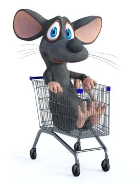 3D rendering of a cartoon mouse in shopping cart. Stock Illustration