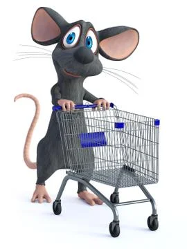 3D rendering of a cartoon mouse with shopping cart. Stock Illustration