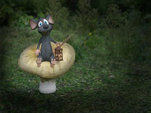 3D rendering of a cartoon mouse sitting on a fairytale mushroom. Illustrazione stock