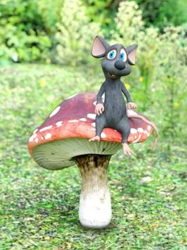3D rendering of a cartoon mouse sitting on a fairytale mushroom. Stock Illustration