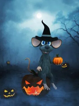 3D rendering of a cartoon mouse sitting on a carved pumpkin. Stock Illustration