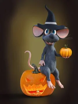 3D rendering of a cartoon mouse sitting on a carved pumpkin. Illustrazione stock