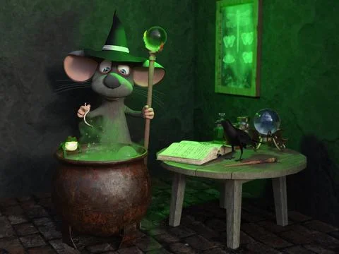 3D rendering of a cartoon mouse wizard with cauldron. Stock Illustration