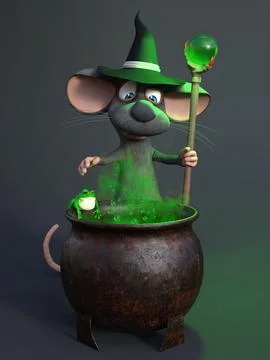 3D rendering of a cartoon mouse wizard with cauldron. Stock Illustration