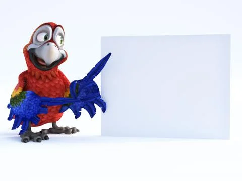 3D rendering of cartoon parrot pointing at a blank sign. Stock Illustration