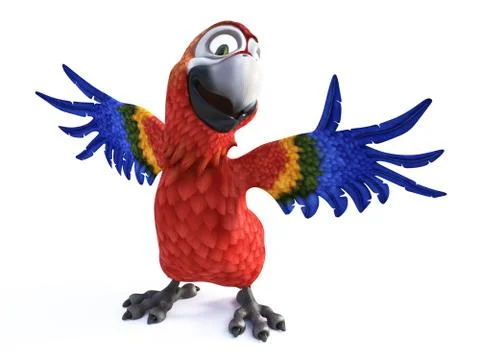 3D rendering of cartoon parrot smiling and holding its wings out. Stock Illustration