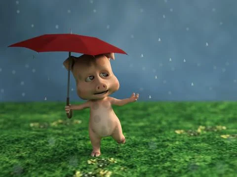 3D rendering of a cartoon pig in the rain. Stock Illustration