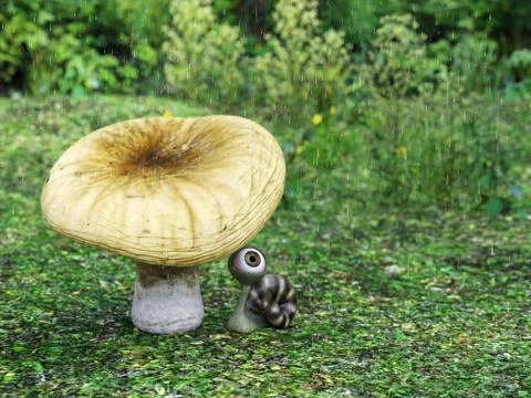 3D rendering of a cartoon snail in the rain. Stock Illustration
