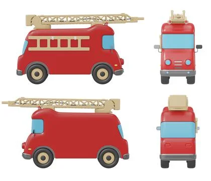 3d rendering cartoon style fire rescues red truck set, isolated background. Stock Illustration