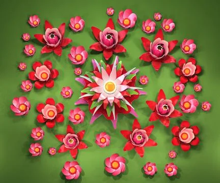3d rendering of cartoon stylized lotus flowers on water イラスト素材