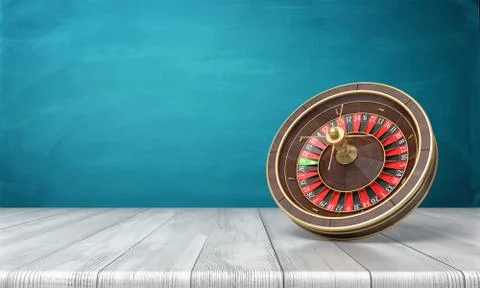 3d rendering of a casino roulette stands on its side on a wooden desk in front Illustration