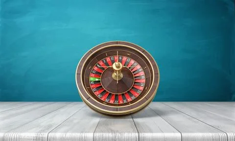 3d rendering of a casino roulette stands on its side on a wooden desk in front Stock Illustration