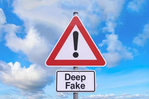 3d rendering of a caution traffic sign with the message deep fake. Illustrazione stock