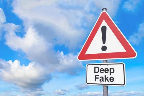 3d rendering of a caution traffic sign with the message deep fake. Illustrazione stock