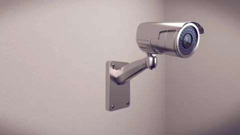 3D rendering of CCTV camera. Security camera on the wall. Illustrazione stock