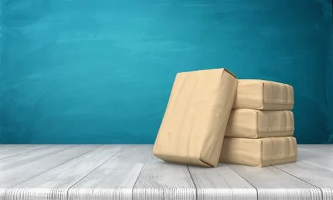 3d rendering of a cement bag leaning over three other stacked packs on a wooden Stock Illustration