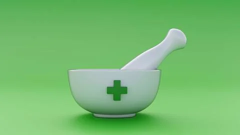 A 3D rendering of ceramic mortar and pestle, green medical cross emblem. Stock Illustration