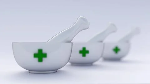 A 3D rendering of ceramic mortar and pestle, green medical cross emblem. Stock Illustration