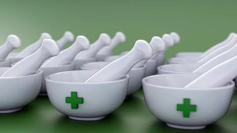 A 3D rendering of ceramic mortar and pestle, green medical cross emblem. Stock Illustration