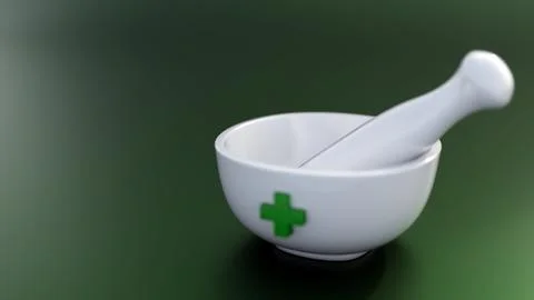 A 3D rendering of ceramic mortar and pestle, green medical cross emblem. Stock Illustration