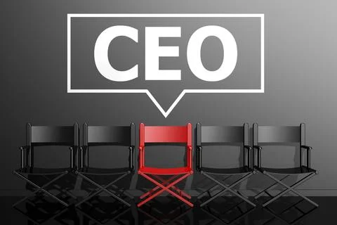 A 3D rendering of chair alignment with the highlighted CEO red color chair on Stock Illustration