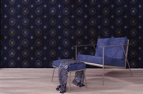 3d rendering of a chair in front of the Gothic inspired wallpaper. Illustrazione stock