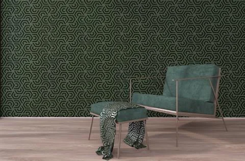 3d rendering of a chair with leg rest in front of the seamless pattern wallpaper Illustrazione stock