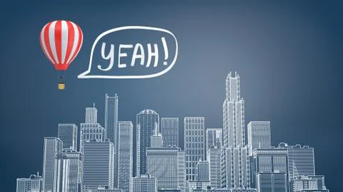 3d rendering of a chalk drawn cityscape with many skyscrapers and a striped hot Stock Illustration