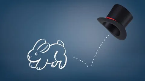 3d rendering of a chalk drawn rabbit jumps out of a magician's hat leaving a Stock Illustration