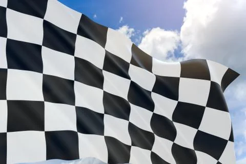3D rendering of checkered race flag design waving on sky Stock Illustration