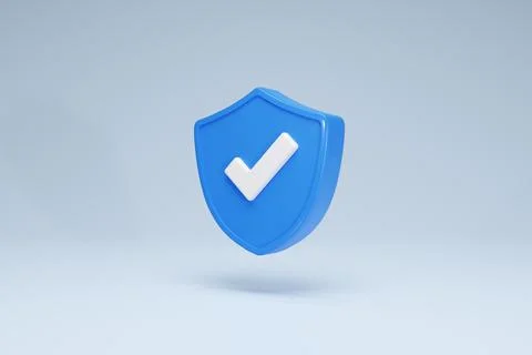 3D Rendering Checkmark Safety and Security Shield Icon Symbols Blue Side View Stock Illustration