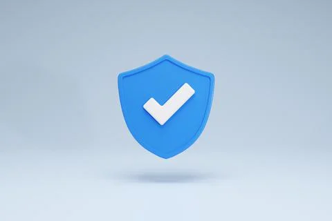 3D Rendering Checkmark Safety and Security Shield Icon Symbols Blue Front View Stock Illustration