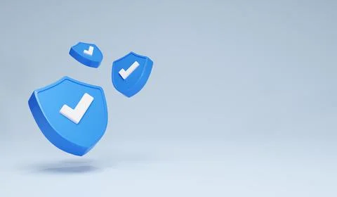 3D Rendering Checkmark Safety and Security Shield Icon Symbols Blue Horizontal Stock Illustration