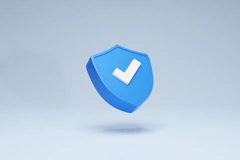 3D Rendering Checkmark Safety and Security Shield Icon Symbols Blue Perspective Stock Illustration