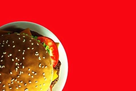 3D rendering cheeseburger with beef, cheese, tomato, lettuce, onion, bacon... Foto stock