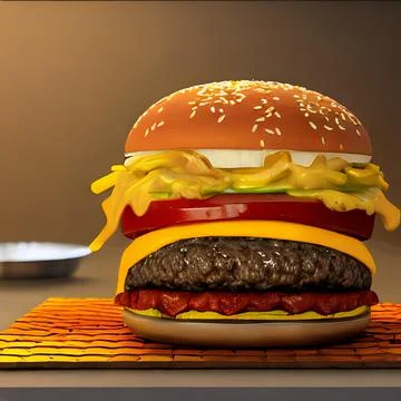 3D rendering of a cheeseburger on a table Illustrazione stock