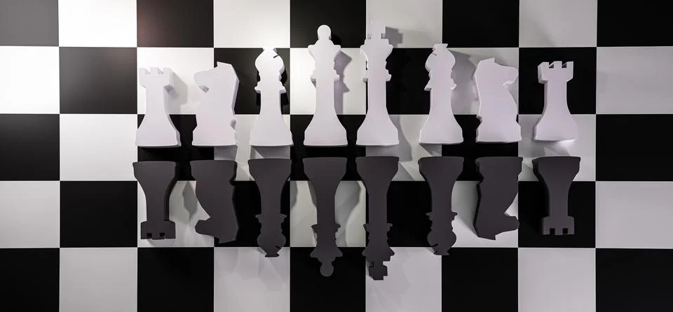 A 3D rendering of the chess black and white figures isolated on the game boar Stock Illustration