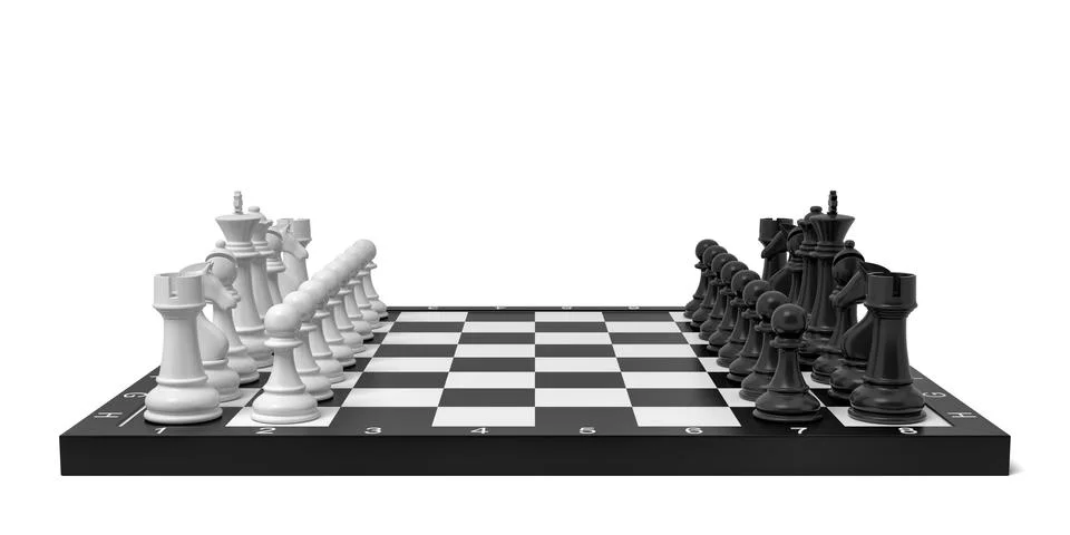 3d rendering of a chess board with a full set of figures in the starting Stock Illustration
