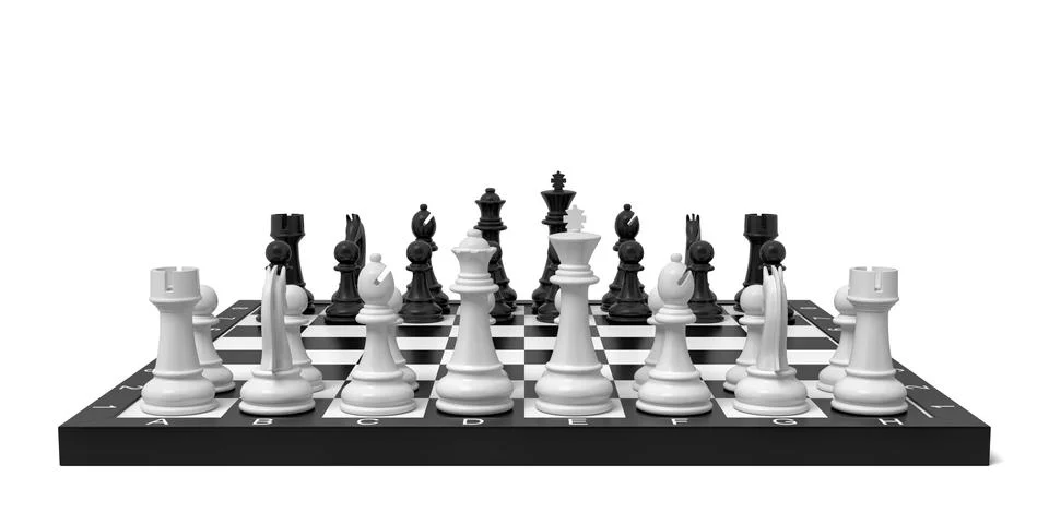 3d rendering of a chess board with a full set of figures in the starting Stock Illustration