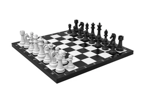 3d rendering of a chess board with a full set of figures in the starting 스톡 일러스트