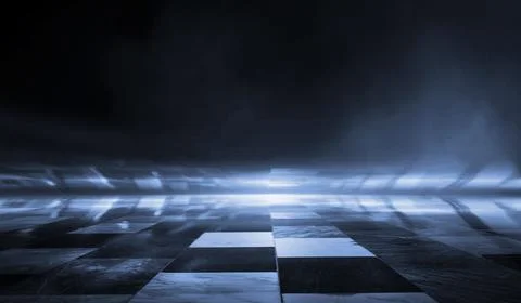 3D rendering chess table, reflection of neon lights, a searchlight, smoke. Stock Photos