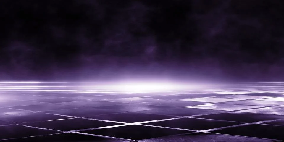 3D rendering chess table, reflection of neon lights, a searchlight, smoke. Stock Photos