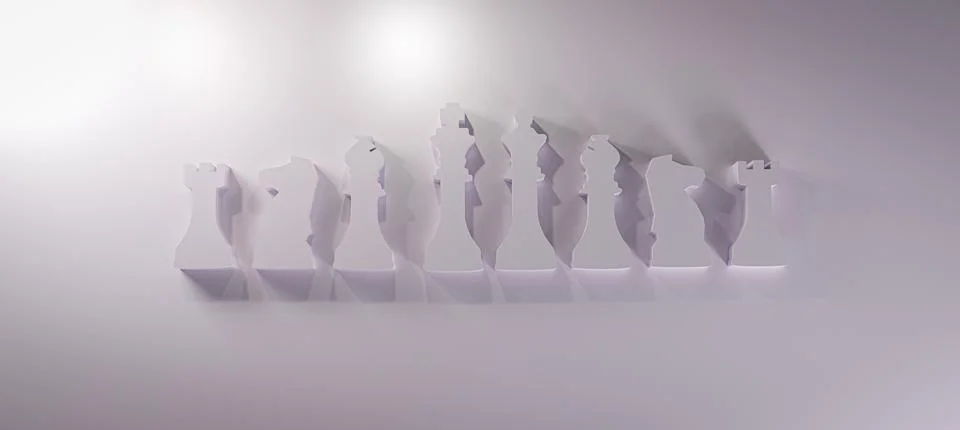 3D rendering of the chess white figures isolated on grey background Illustrazione stock