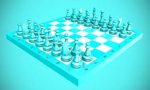 3d rendering of a chessboard in turquoise colors on a turquoise background Illustrazione stock