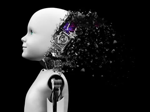 3D rendering of child robot head that shatters. Illustrazione stock