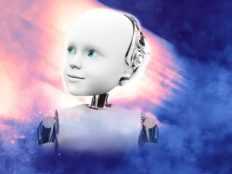 3D rendering of child robot head with space background. Stock Illustration