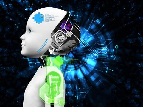 3D rendering of child robot head technology concept. Stock Illustration